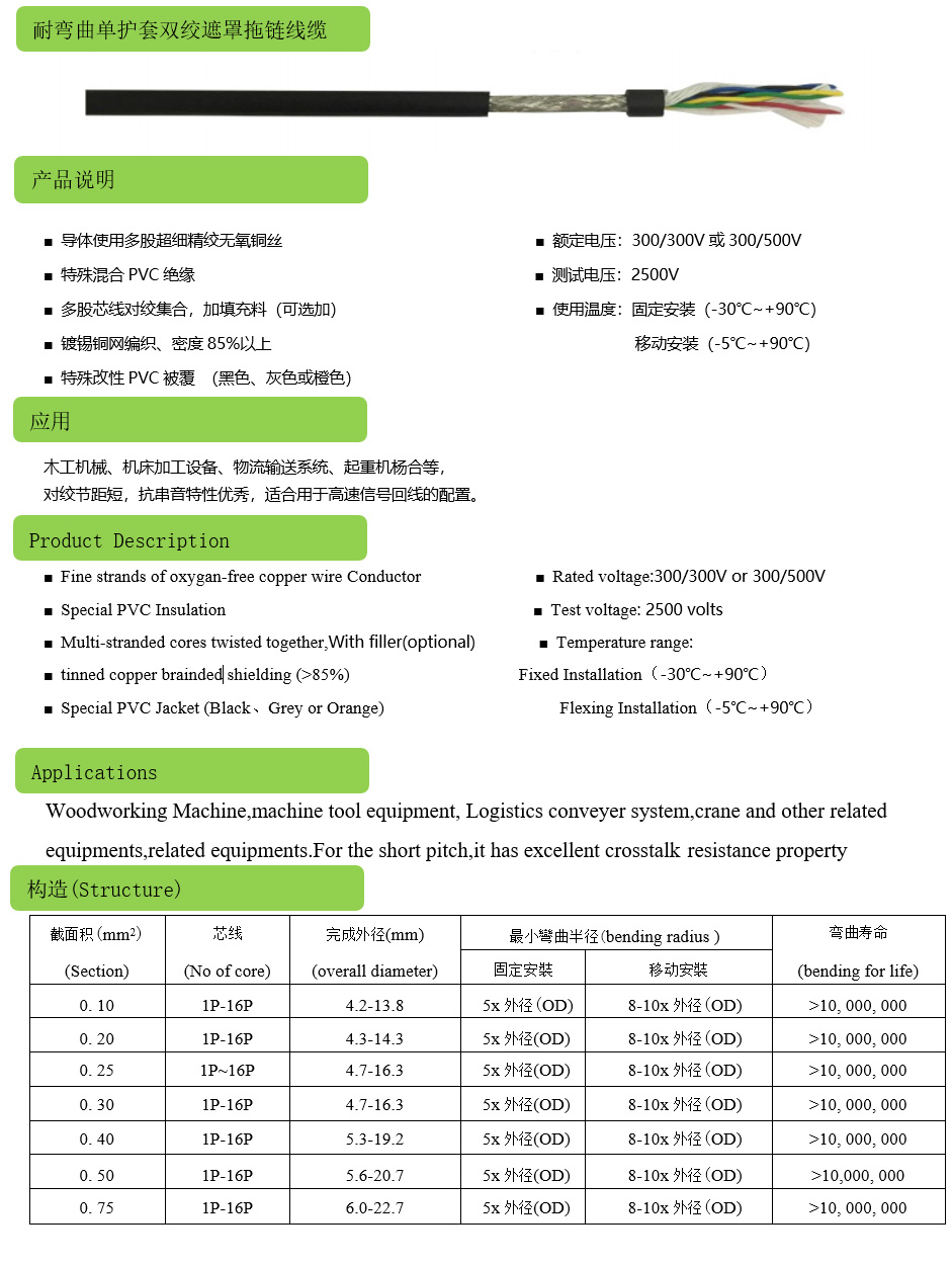 耐弯曲单护套双绞遮罩拖链线缆